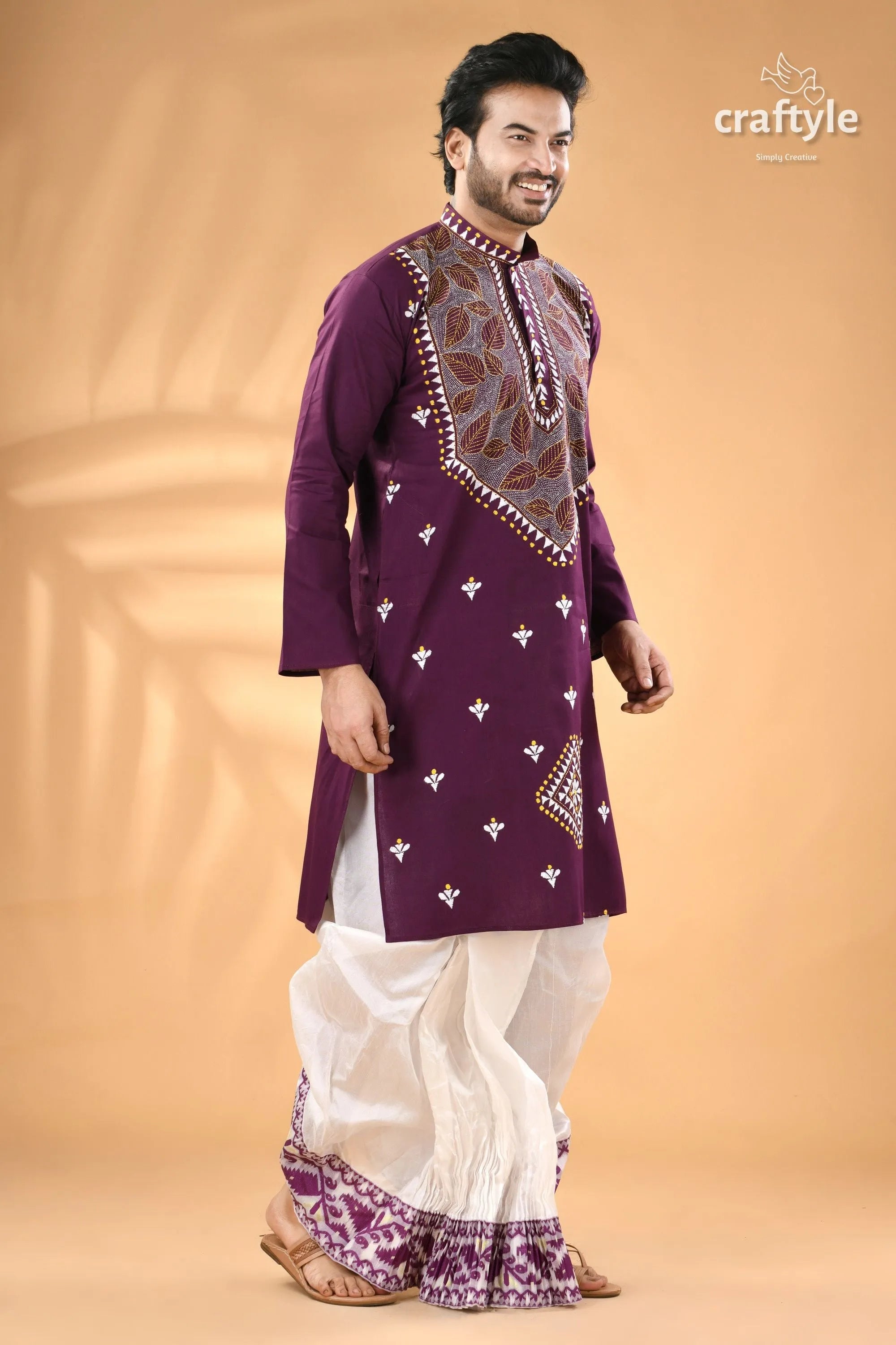 Imperial purple leaf design kantha embroidery gents kurta men’s embroidered white 4