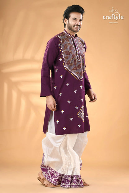 Imperial purple leaf design kantha embroidery gents kurta men’s embroidered white 4