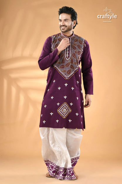 Imperial purple leaf design kantha embroidery gents kurta man’s embroidered white 3