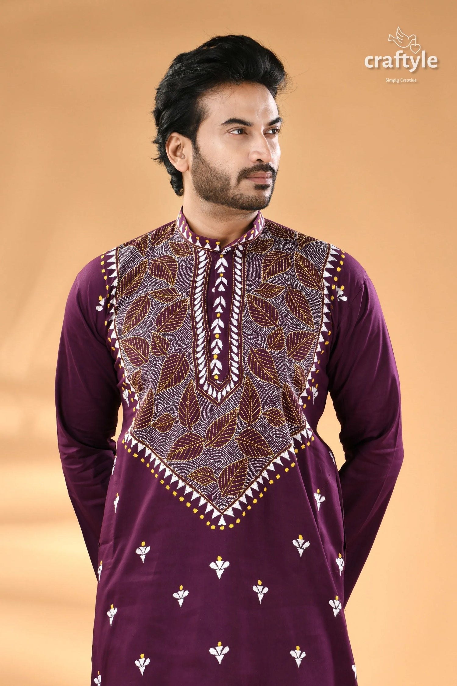 Imperial purple leaf design kantha embroidery gents kurta men’s embroidered mandarin 2