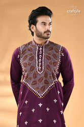 Imperial purple leaf design kantha embroidery gents kurta men’s embroidered mandarin 2