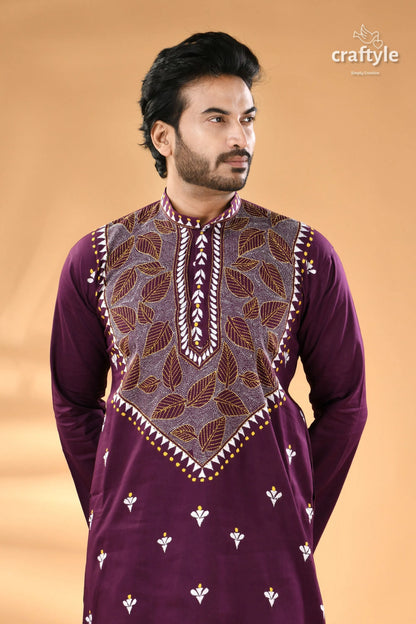 Imperial purple leaf design kantha embroidery gents kurta men’s embroidered mandarin 2