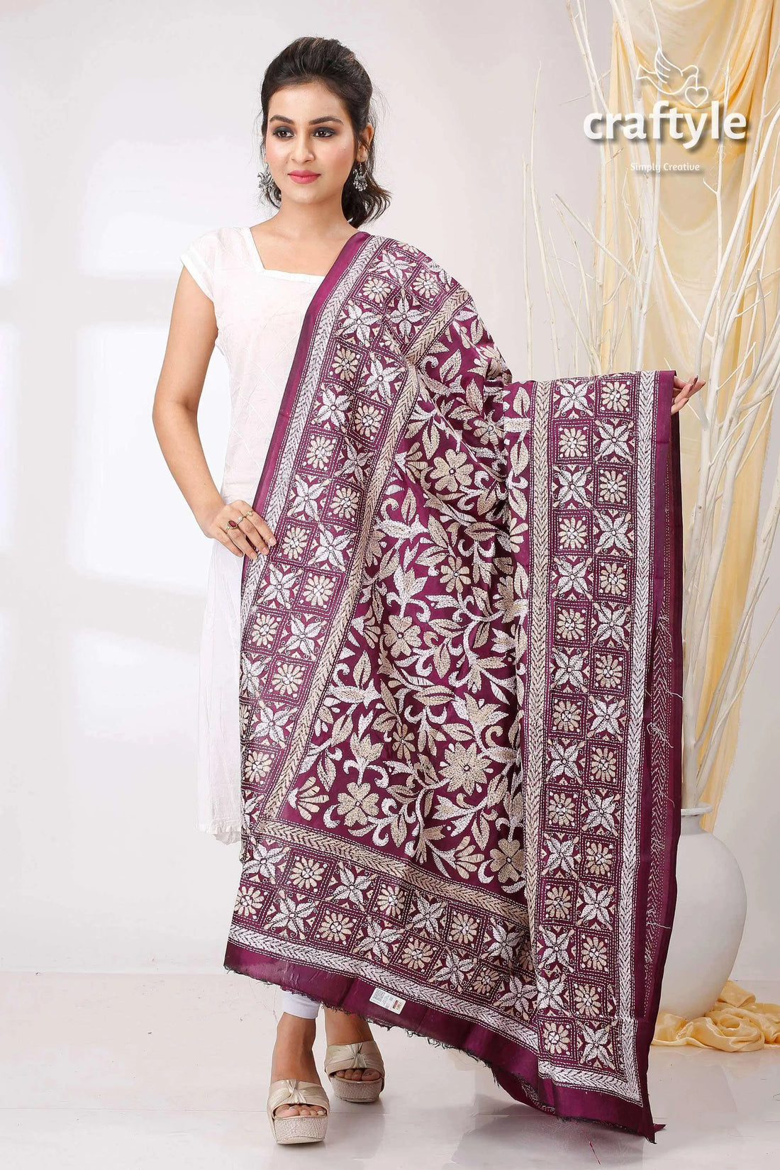 Imperial purple pure bangalore silk kantha stitch shawl maroon embroidered shawl 1