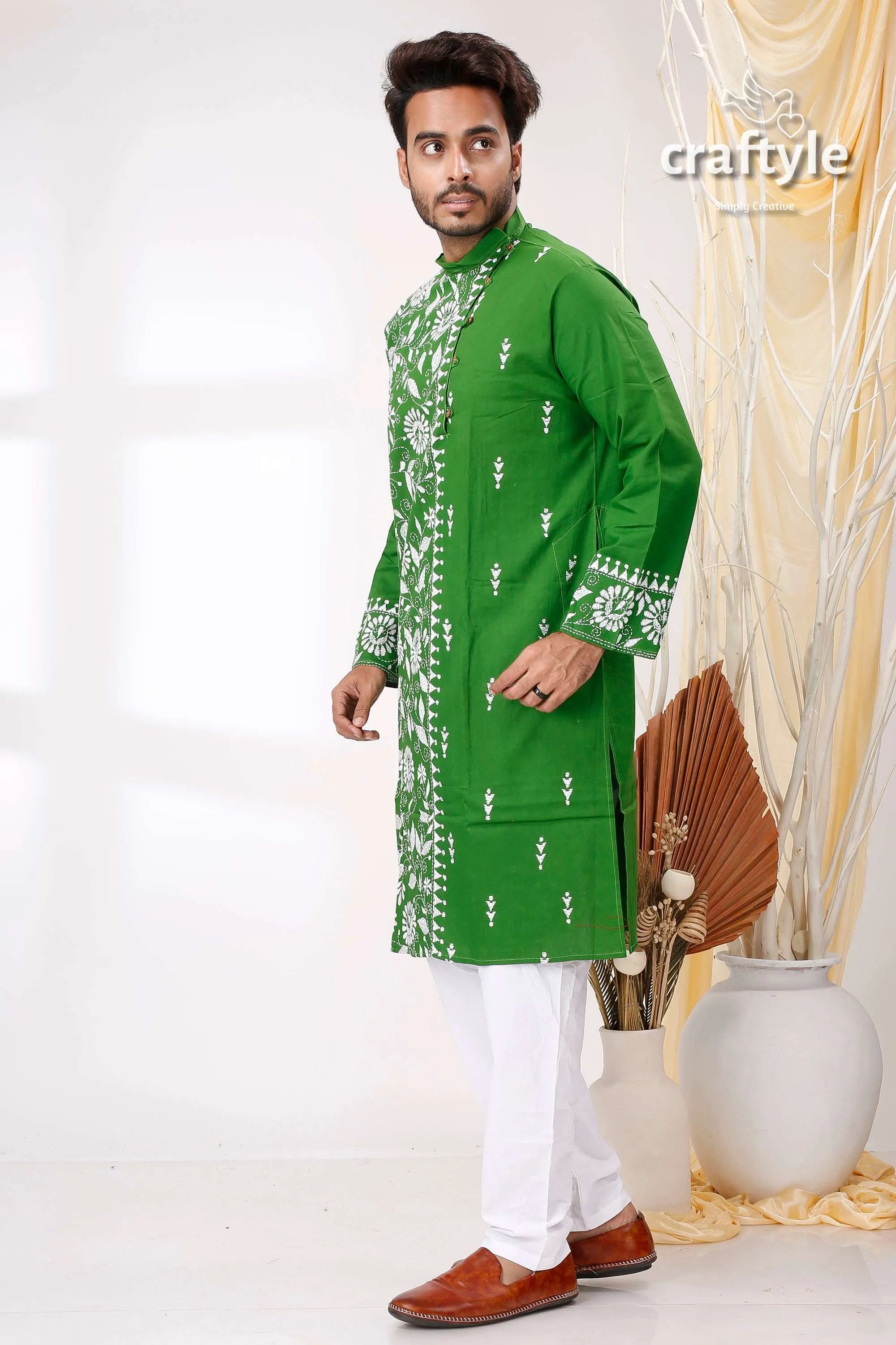 India green and white hand kantha stitch cotton kurta for men vibrant embroidered 3