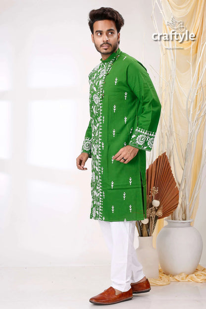 India green and white hand kantha stitch cotton kurta for men vibrant embroidered 3