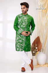 India green and white hand kantha stitch cotton kurta for men vibrant embroidered intricate 4