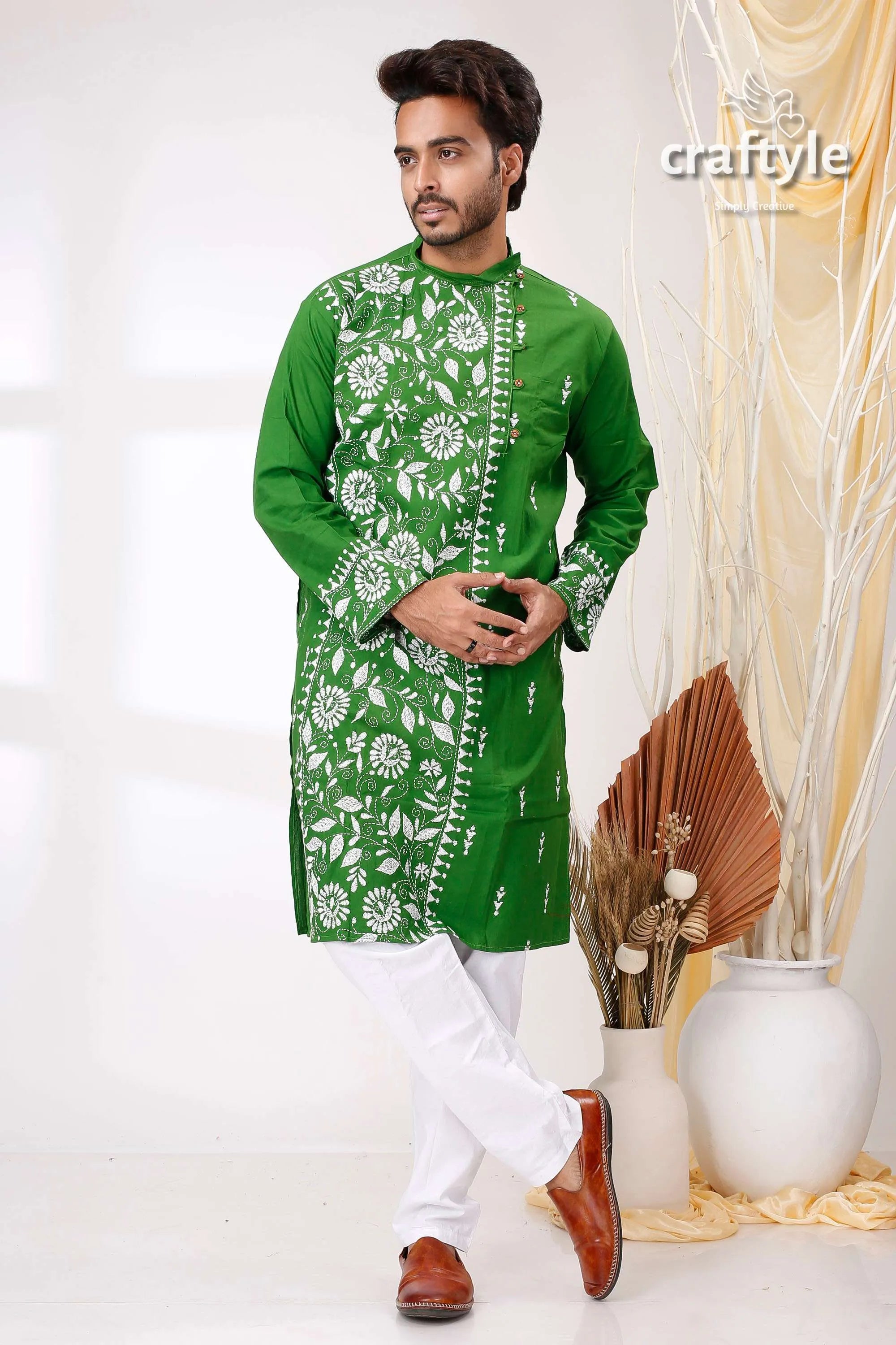India green and white hand kantha stitch cotton kurta for men vibrant embroidered intricate 4