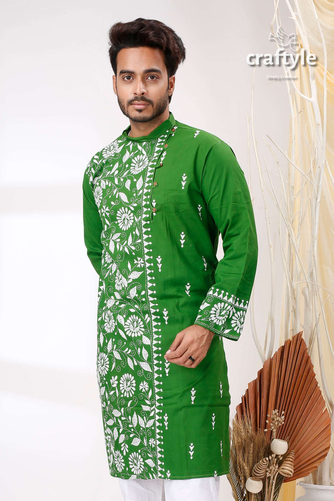 India Green and White Hand Kantha Stitch Cotton Kurta for Men - Craftyle