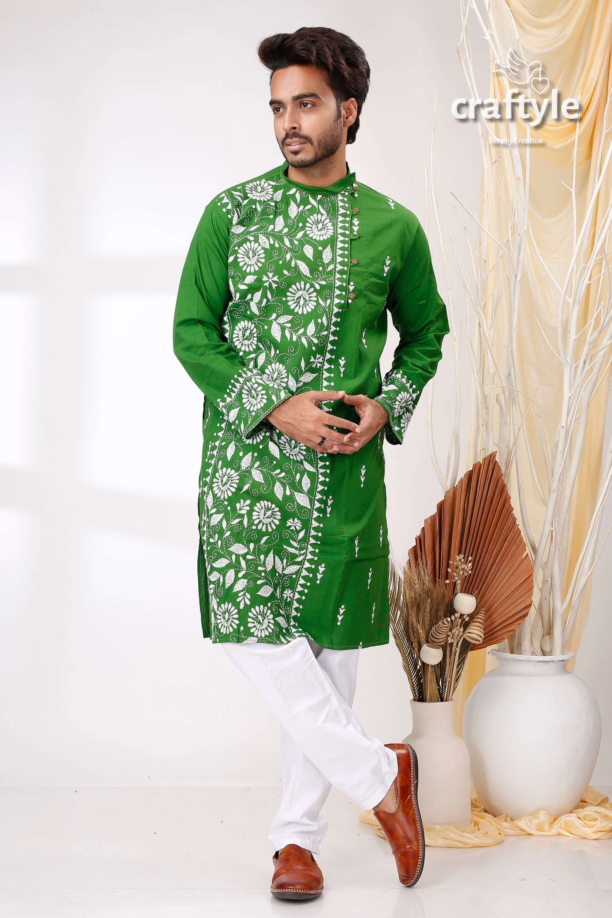 India Green and White Hand Kantha Stitch Cotton Kurta for Men - Craftyle
