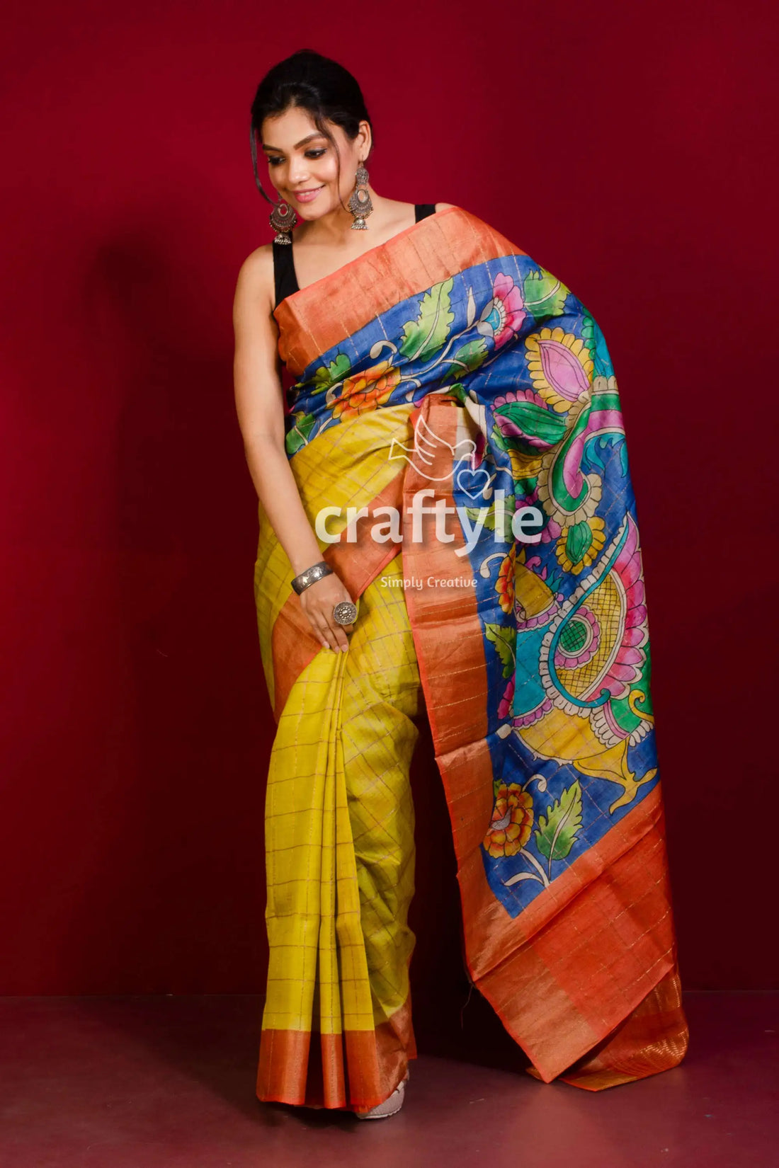 Indian yellow and blue hand painted zari border pure tussar kalamkari saree woman yellow blue saree 2