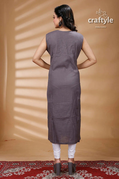 Indigo blue grey pure cotton dabu straight kurti for women sleeveless gray kurta 5