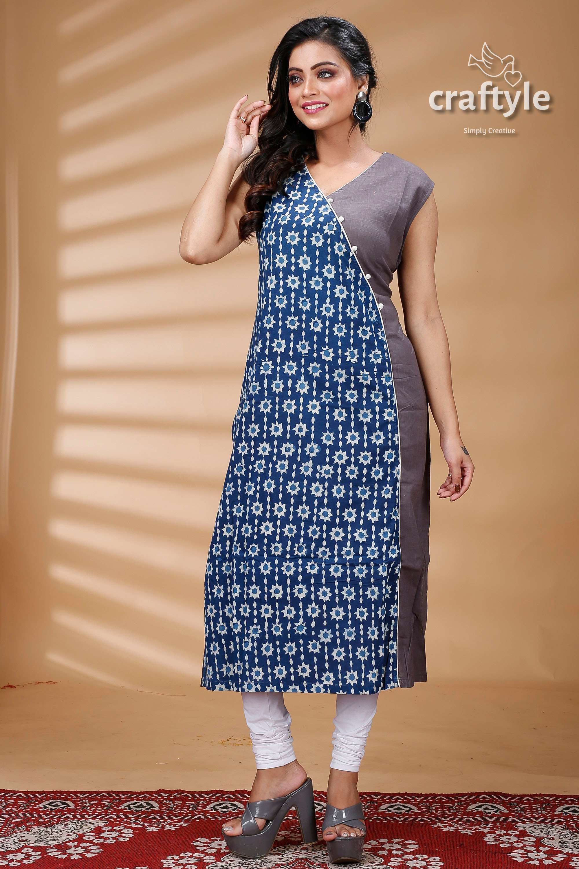 Indigo Blue Grey Pure Cotton Dabu Straight Kurti for Women - Craftyle