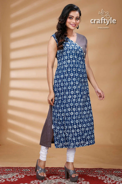 Indigo blue grey pure cotton dabu straight kurti for women woman’s blue gray kurta 4