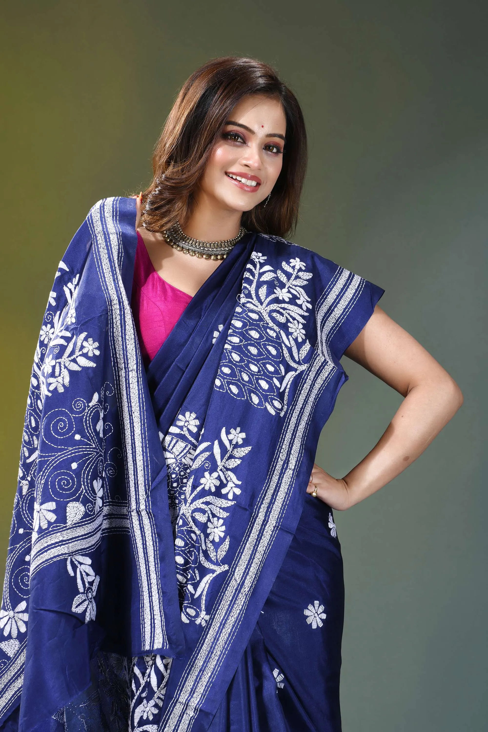 Indigo blue peacock motif handmade silk kantha saree navy blue saree intricate white 2
