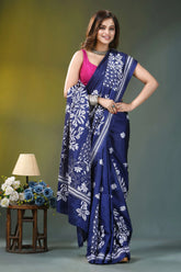 Indigo blue peacock motif handmade silk kantha saree navy blue saree intricate white 4