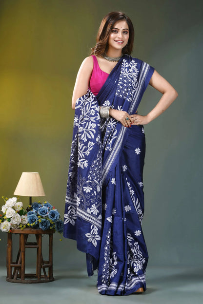 Indigo blue peacock motif handmade silk kantha saree navy blue saree intricate white 4
