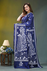 Indigo blue peacock motif handmade silk kantha saree deep blue silk saree adorned 3