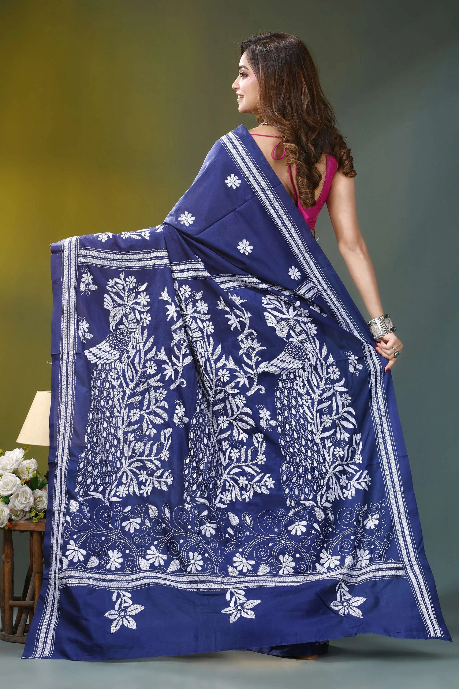 Indigo blue peacock motif handmade silk kantha saree deep blue silk saree intricate 5