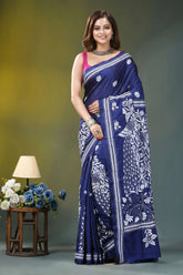 Indigo blue peacock motif handmade silk kantha saree navy blue saree intricate white 1
