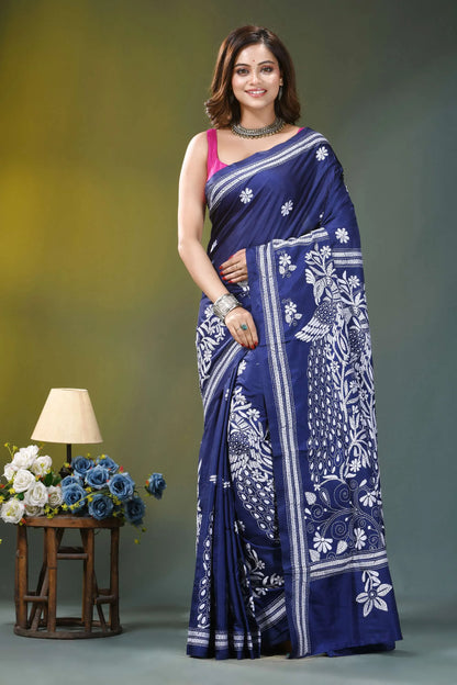Indigo blue peacock motif handmade silk kantha saree navy blue saree intricate white 1