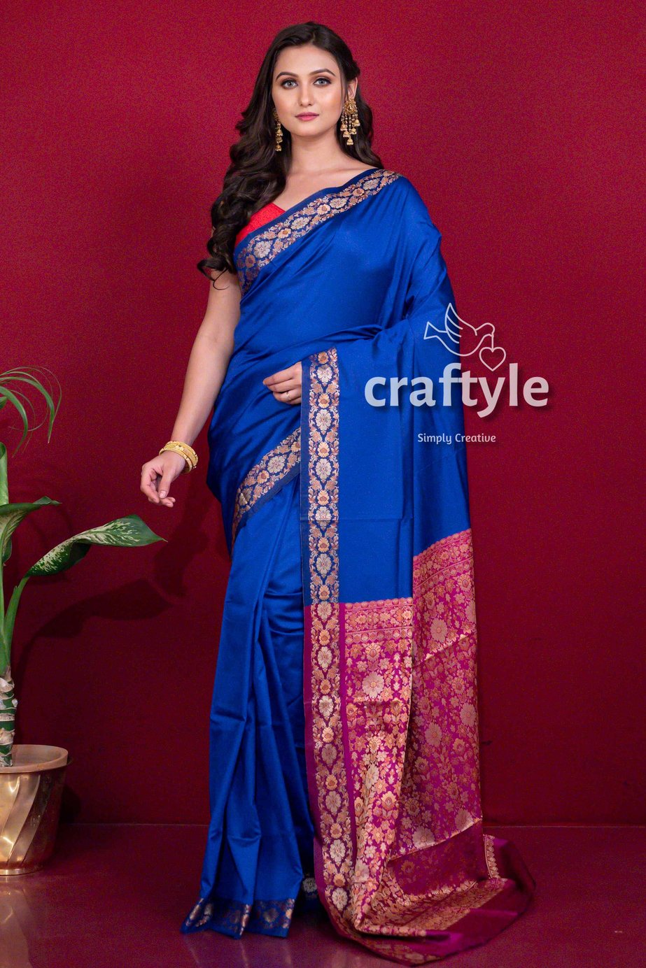 Indigo Blue Semi Silk Pashmina Saree with Blouse Piece - Craftyle