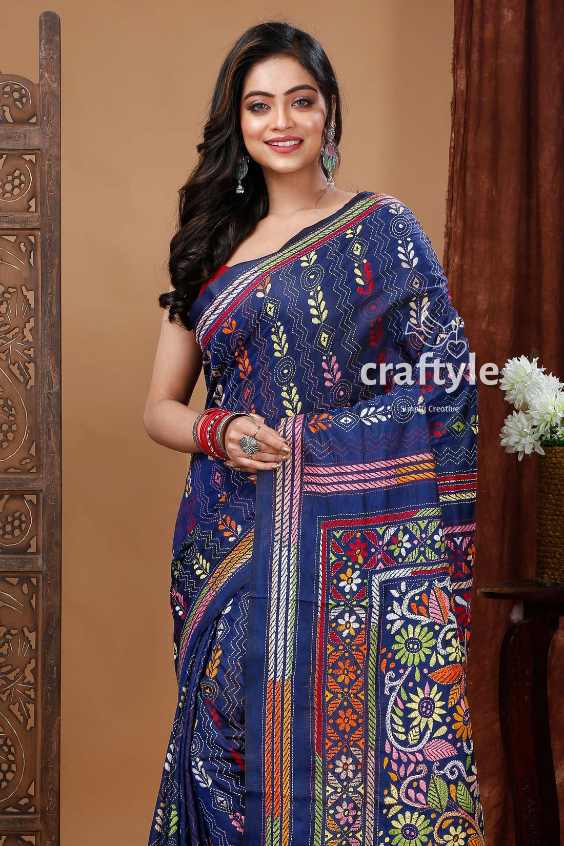 Indigo Blue Silk Kantha Saree with Traditional Indian Embroidery-Craftyle