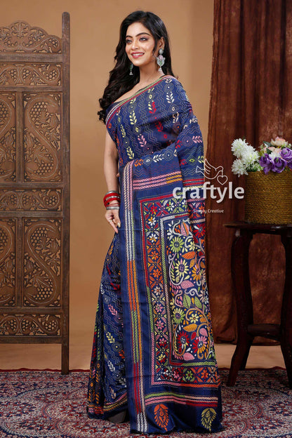 Indigo Blue Silk Kantha Saree with Traditional Indian Embroidery-Craftyle