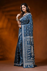 Indigo blue silk kantha work saree with handmade ethnic cart motif 3