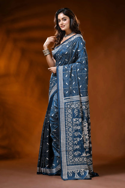 Indigo blue silk kantha work saree with handmade ethnic cart motif 3
