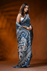 Indigo blue silk kantha work saree with handmade ethnic cart motif 4