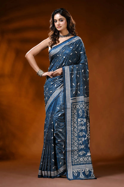 Indigo blue silk kantha work saree with handmade ethnic cart motif 1