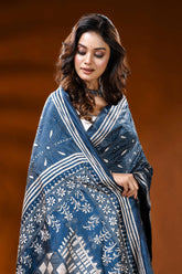 Indigo blue silk kantha work saree with handmade ethnic cart motif 2