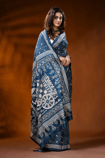 Indigo blue silk kantha work saree with handmade ethnic cart motif 6