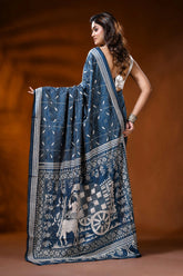 Indigo blue silk kantha work saree with handmade ethnic cart motif 5