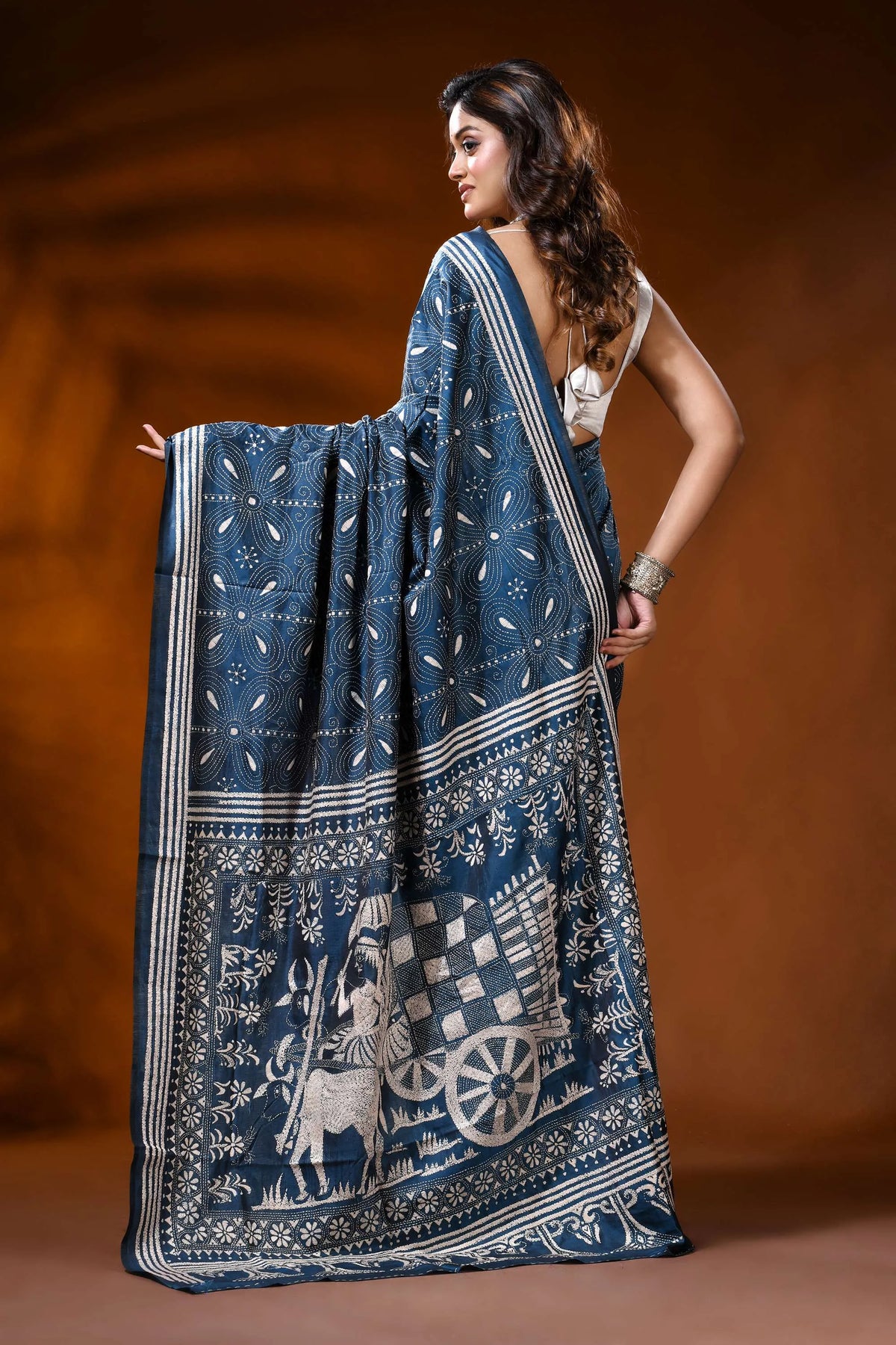 Indigo blue silk kantha work saree with handmade ethnic cart motif 5