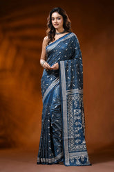 Indigo blue silk kantha work saree with handmade ethnic cart motif 7