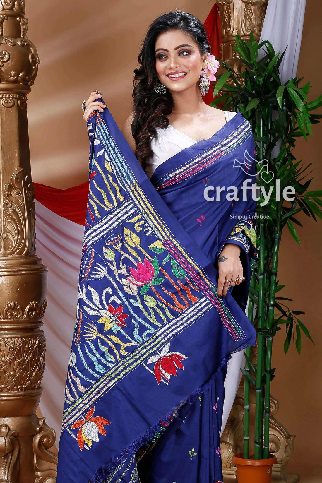 Indigo blue traditional silk kantha saree blue floral embroidered saree 2