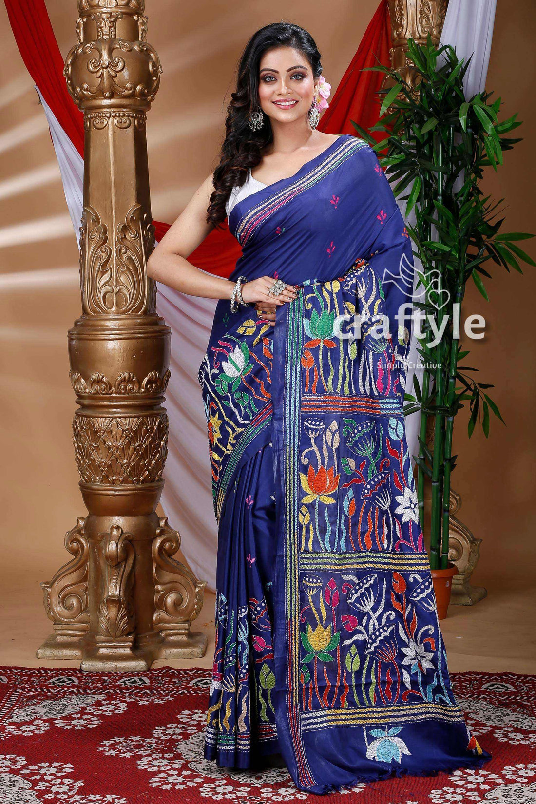 Indigo Blue Traditional Silk Kantha Saree-Craftyle