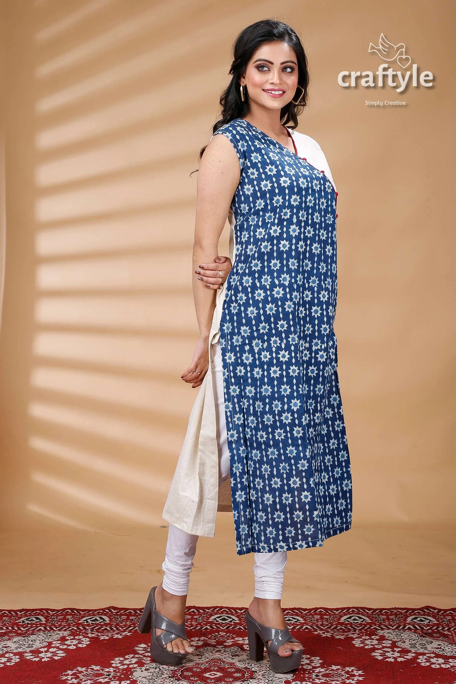 Indigo blue white cotton dabu print kurti for women woman blue white patterned kurta 3
