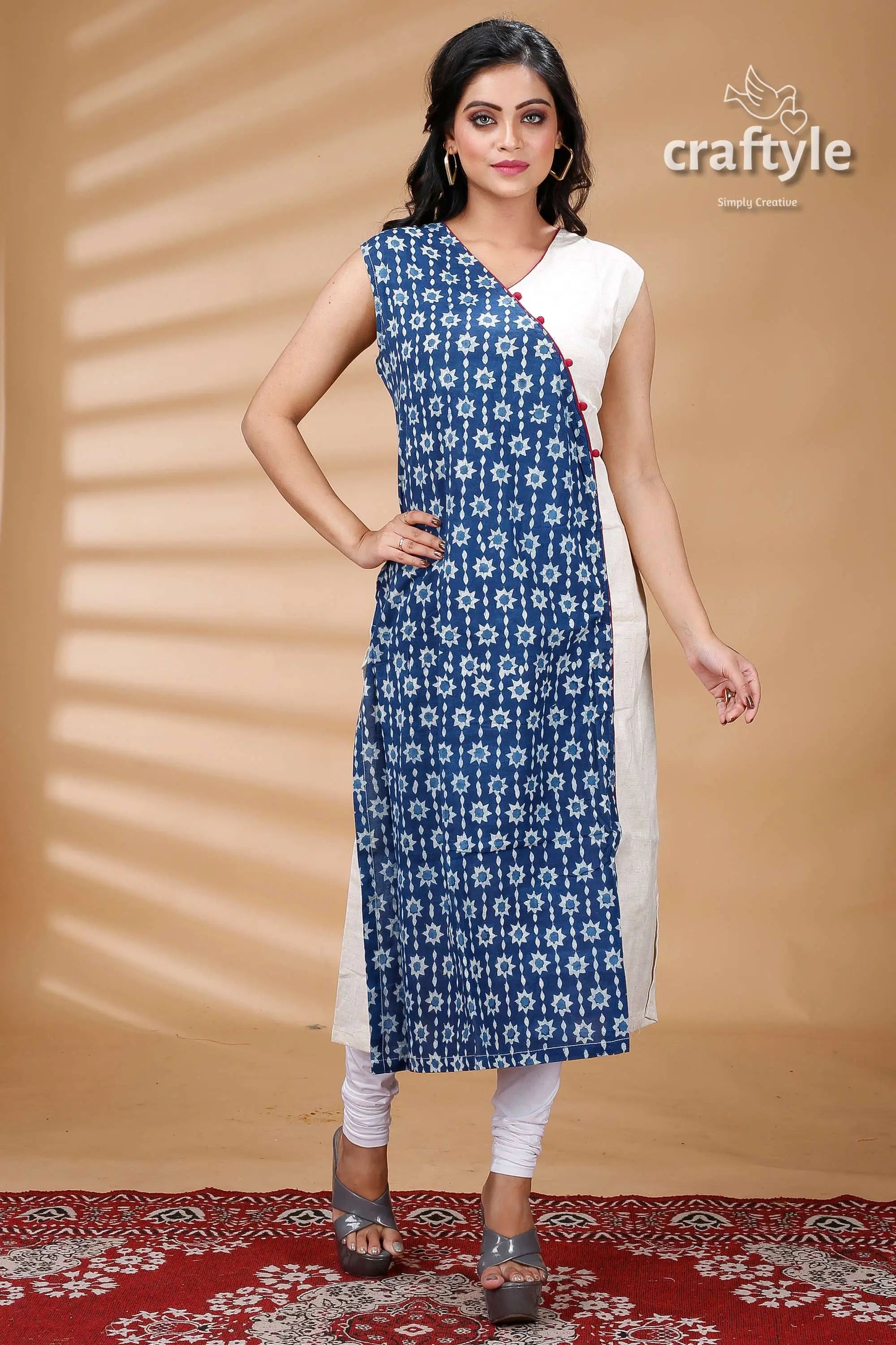Indigo blue white cotton dabu print kurti for women sleeveless blue white patterned kurta 1