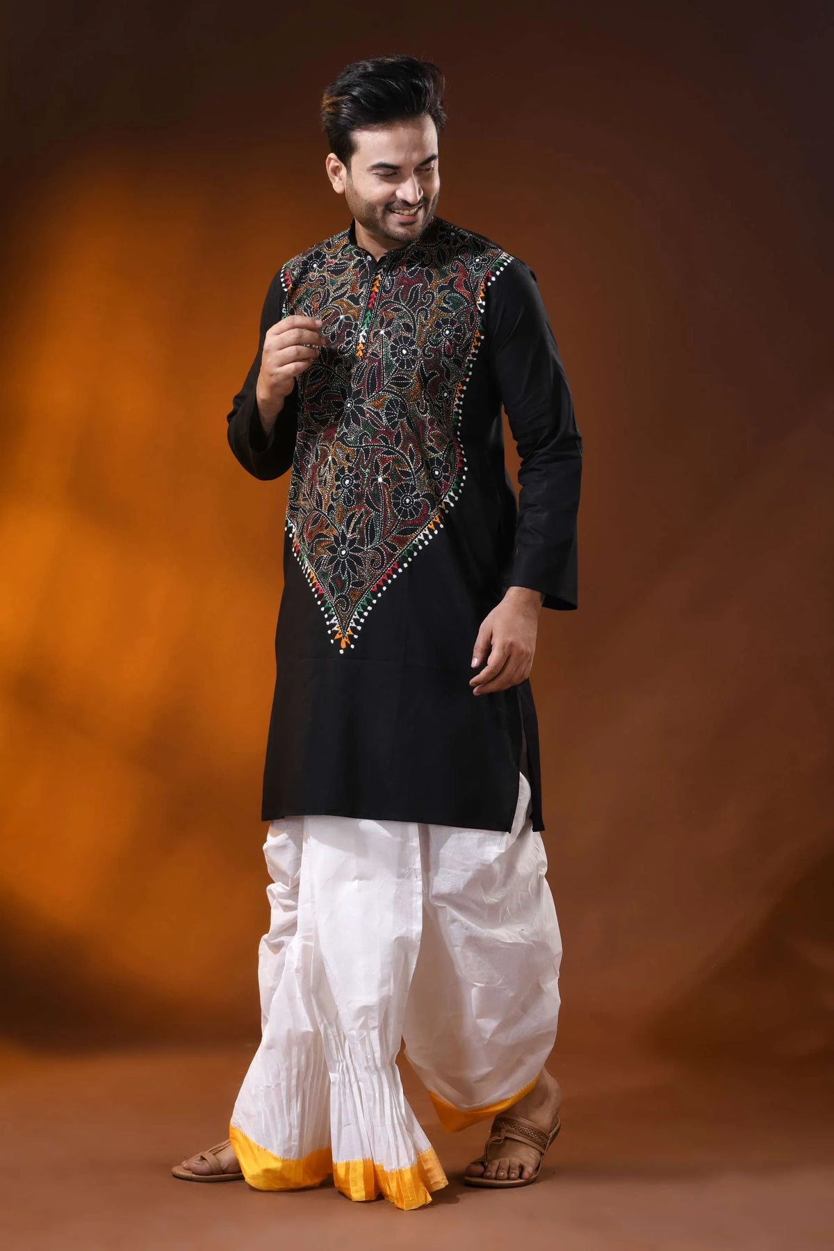Ink black cotton kantha panjabi with multicolor floral work - reverse stitch 4