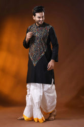 Ink black cotton kantha panjabi with multicolor floral work - reverse stitch 4