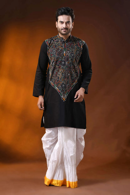Ink black cotton kantha panjabi with multicolor floral work - reverse stitch 1