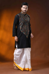 Ink black cotton kantha panjabi with multicolor floral work - reverse stitch 3