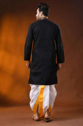 Ink black cotton kantha panjabi with multicolor floral work - reverse stitch 5