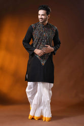 Ink black cotton kantha panjabi with multicolor floral work - reverse stitch 6