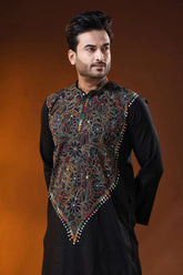 Ink black cotton kantha panjabi with multicolor floral work - reverse stitch 2