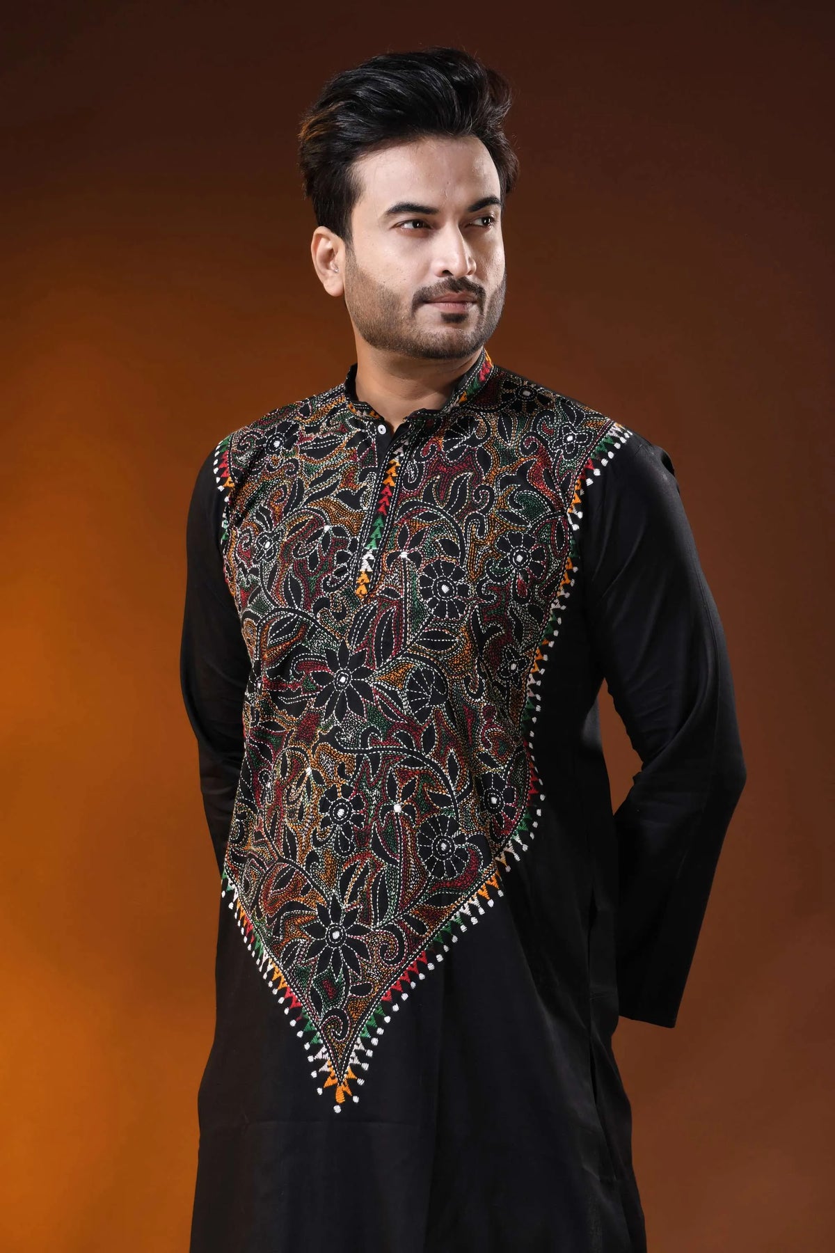 Ink black cotton kantha panjabi with multicolor floral work - reverse stitch 2