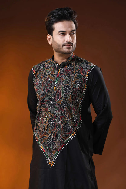 Ink black cotton kantha panjabi with multicolor floral work - reverse stitch 2