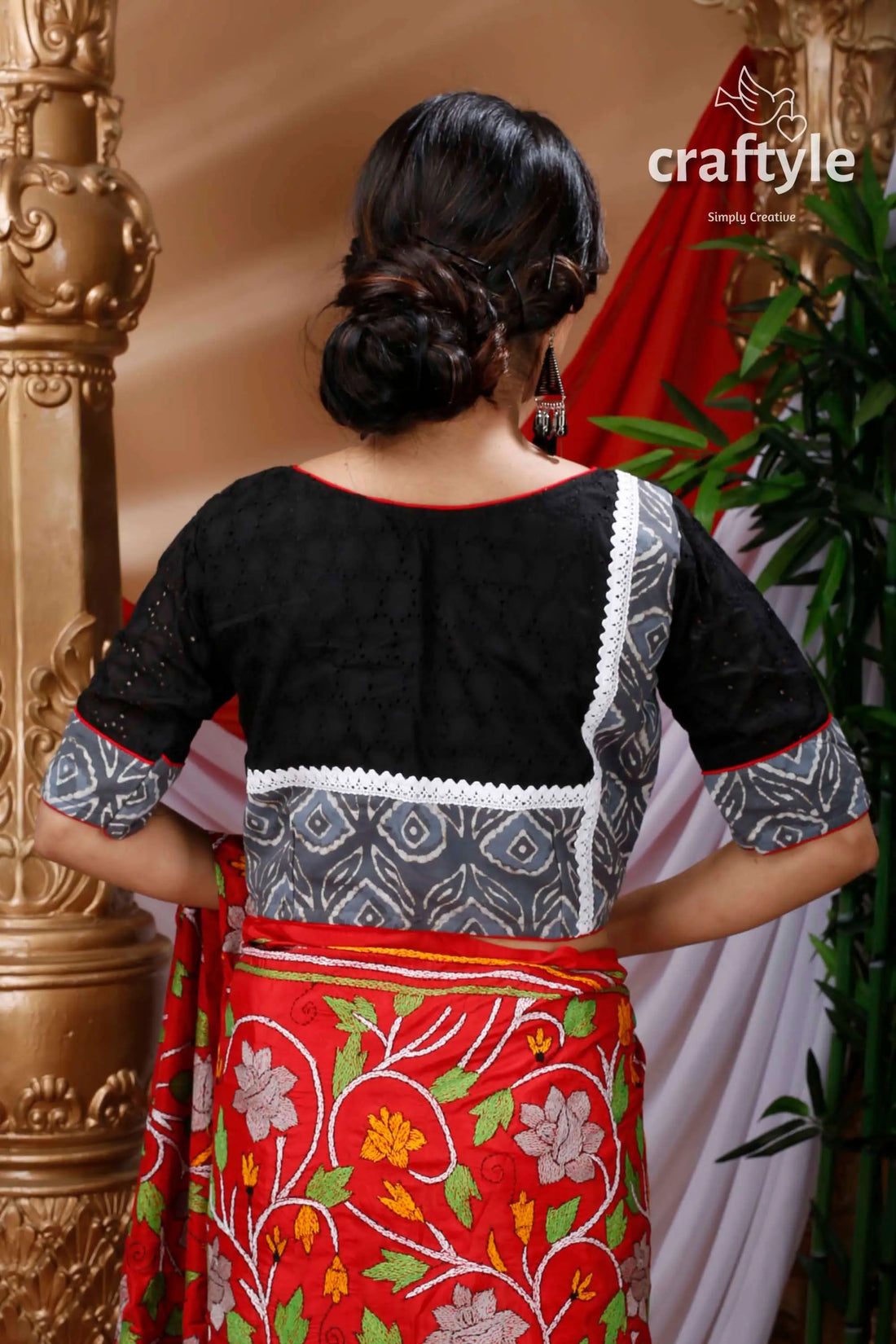 Ink black designer cotton blouse woman’s black patterned blouse 2